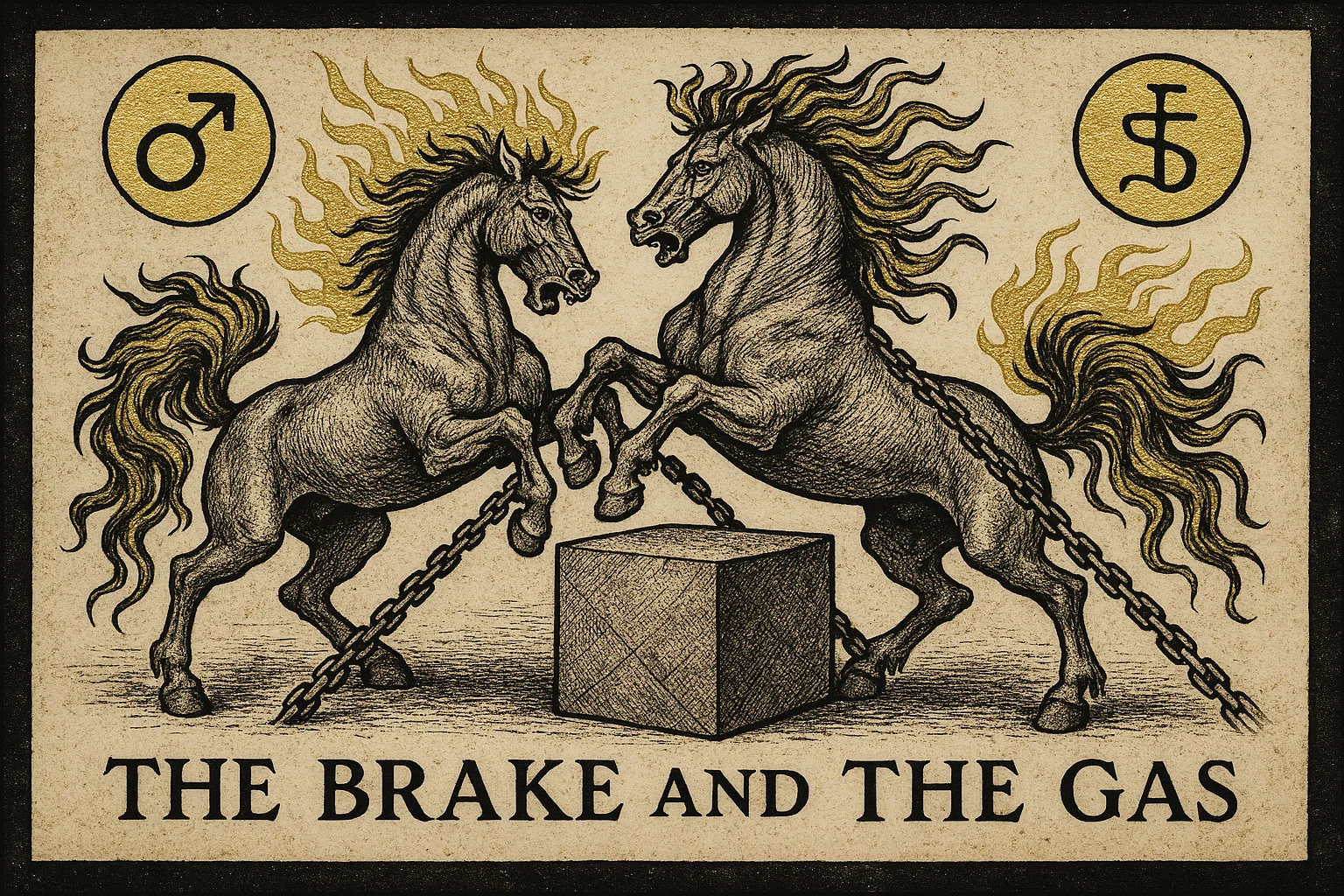 The Astrological Square of Mars and Saturn: Wild fiery horses chained to an immovable stone block.
