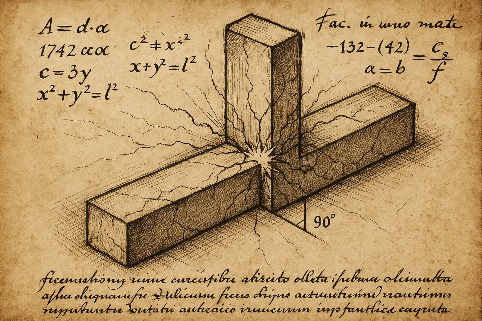The Astrological Square (90°): Two massive architectural beams meeting at a perpendicular angle, creating stress and sparks.