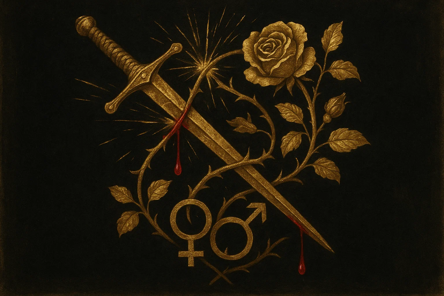The Astrological Opposition of Venus and Mars, depicted as the Rose meeting the Blade.