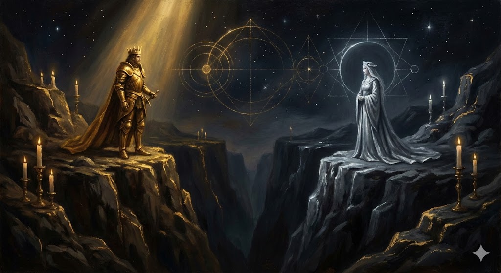 The Alchemical Wedding of Sun and Moon separated by the abyss of the Opposition.