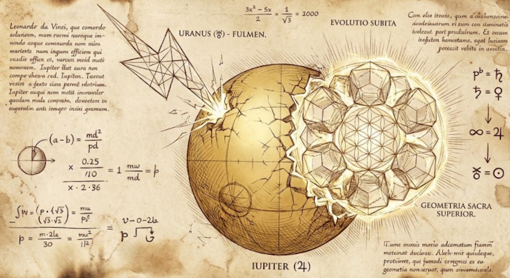 The Astrological Conjunction of Jupiter and Uranus: A geometric diagram of lightning striking a sphere, causing sudden expansion.