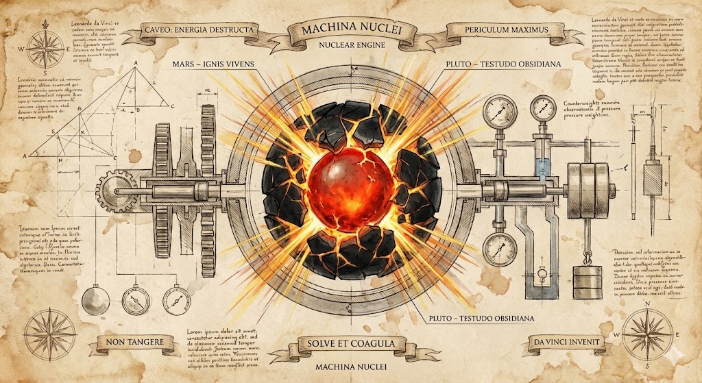 The Astrological Conjunction of Mars and Pluto: A diagram of a nuclear engine or reactor on ancient parchment.
