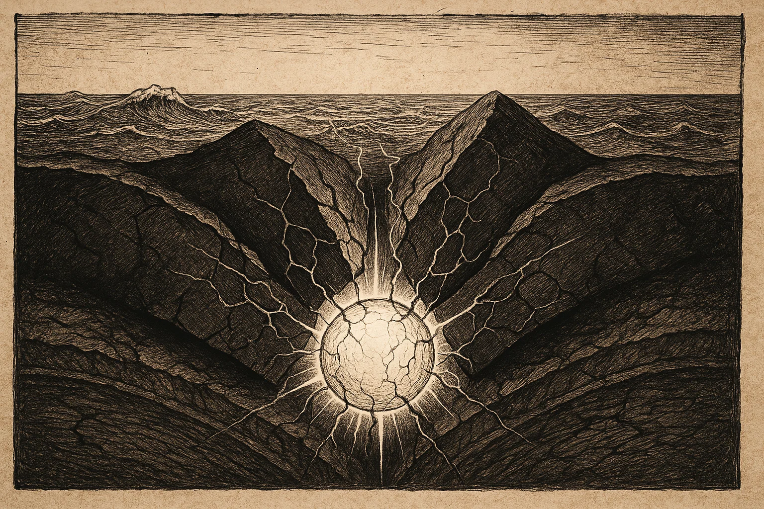 The Astrological Square of Moon and Pluto: A glowing lunar sphere being compressed by massive tectonic plates, releasing light.