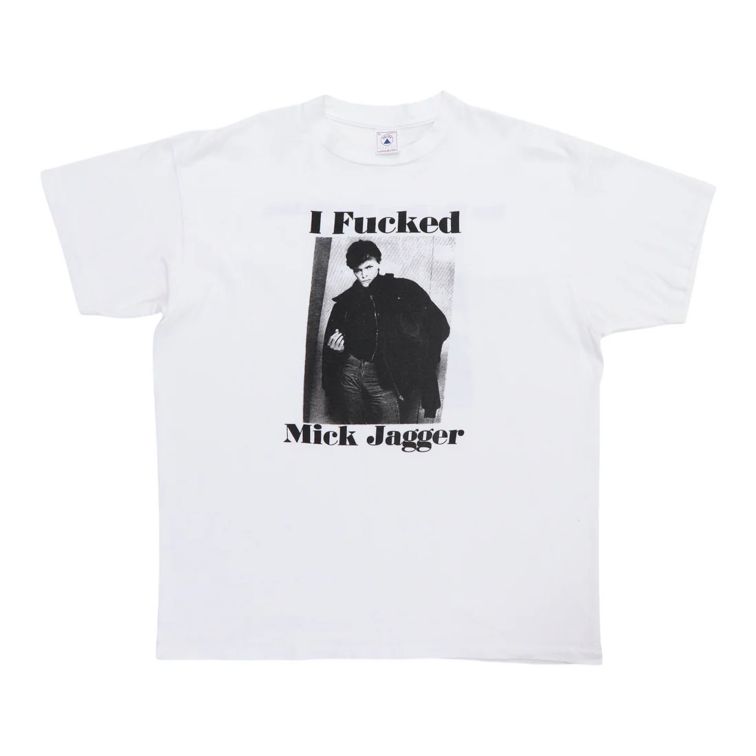 A t-shirt with text referencing David Bowie and Mick Jagger.