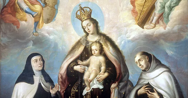 The Virgin of Carmel flanked by Saint Teresa of Ávila and Saint John of the Cross, depicting their shared spiritual lineage.