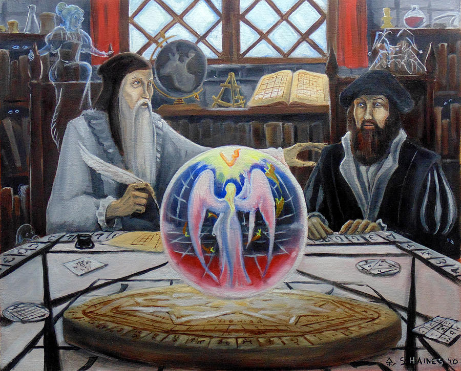 Illustration of Doctor John Dee and Edward Kelley looking into the shew stone to receive communications from the angelic realms.
