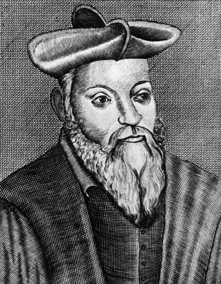 A copperplate engraving of Nostradamus.